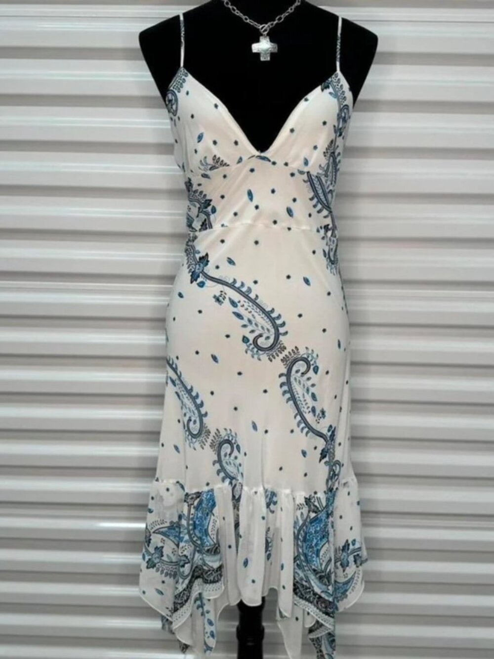Early 2000s White & Blue Paisley Print Asymmetrical Fairy Midi Dress